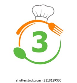 Letter 3 Logo With Chef Hat, Spoon And Fork For Restaurant Logo. Restaurant Logotype On Letter 3 Spoon And Fork Concept