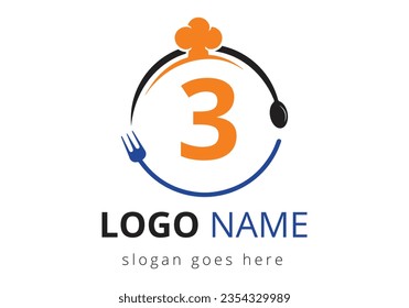 Letter 3 Logo With Chef Hat, Spoon And Fork For Restaurant Logo. Modern vector logo for café, restaurant, cooking business, and company identity