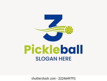 Letter 3 Pickleball Logo Concept With Moving Pickleball Symbol. Pickle Ball Logotype Vector Template