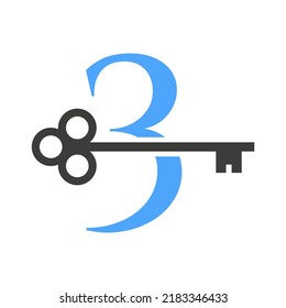 Letter 3 Real Estate Logo Concept With Home Lock Key Vector Template. Luxury Home Logo Key Sign