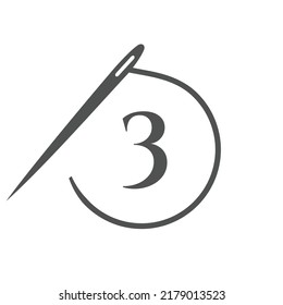 Letter 3 Tailor Logo, Needle and Thread Logotype for Garment, Embroider, Textile, Fashion, Cloth, Fabric