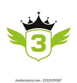 Letter 3 Transportation Logo With Wing, Shield And Crown Icon. Wing Logo On Shield Symbol