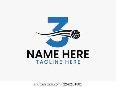 Letter 3 Volleyball Logo Concept With Moving Volley Ball Icon. Volleyball Sports Logotype