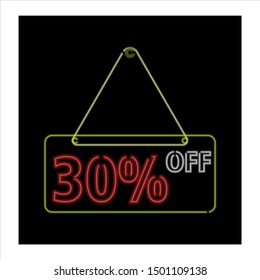 letter "30% off" with neon style, label for business promotion.