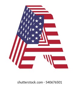 Letter A from 3d with American flag texture wrapped. Volume USA vector font