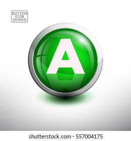 Letter A  in 3D Glossy Green Button for web Icon, Education Icon and Alphabet Icon. Vector Illustration