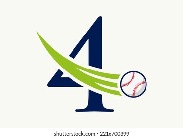Letter 4 Baseball Logo Concept With Moving Baseball Icon Vector Template