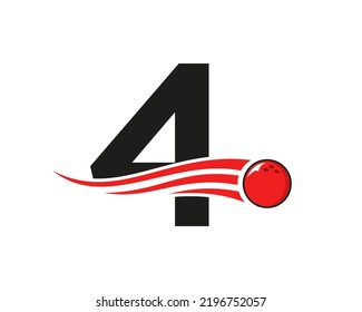 Letter 4 Bowling Logo. Bowling Ball Symbol With Red Moving Ball Vector Template