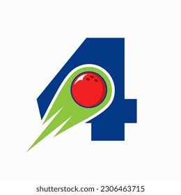 Letter 4 Bowling Logo. Bowling Ball Symbol With Red Moving Ball Icon