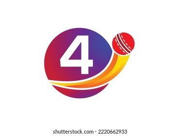 Letter 4 Cricket Logo Concept With Moving Cricket Ball Icon. Cricket Sports Logotype Symbol Vector Template Design.