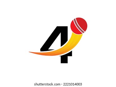 Letter 4 Cricket Logo Concept With Moving Cricket Ball Icon. Cricket Sports Logotype Symbol Vector Template Design.