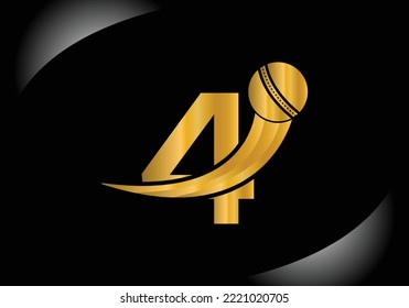 Letter 4 Cricket Logo Concept With Moving Cricket Ball Icon. Cricket Sports Logotype Symbol Vector Template Design.