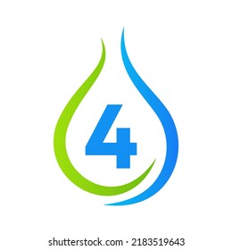 Letra 4 Plantilla vectorial de diseño de logotipo de agua de gota. Signo de logotipo mínimo de agua
