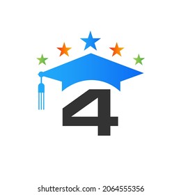 Initial Graduation Cap Konzept des Letter 4 Education Logo. Design-Vorlage für Logos mit 4 Buchstaben, Vektorgrafik-Vorlage für Bildmaterial