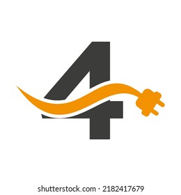 Letter 4 Electricity or Electrical Logo Concept with Electric Plug Vector Template