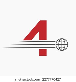 Letter 4 Global Logo Concept With Moving World Icon. Global Logotype Symbol Vector Template