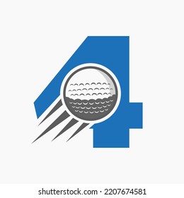 Letter 4 Golf Logo Concept With Moving Golf Ball Icon. Hockey Sports Logotype Symbol Vector Template