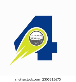 Letter 4 Golf Logo Concept With Moving Golf Ball Icon. Hockey Sports Logotype Symbol Vector Template