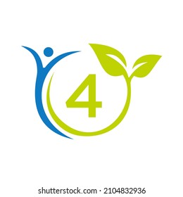 Letter 4 Health Care Logo Design. Medical Logo Template. Bio, Fitness, Human Health Logo On Letter 4 Vector Sign