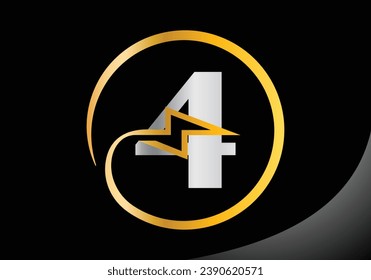 Letter 4 with lighting thunder bolt Logo Design Vector Template.