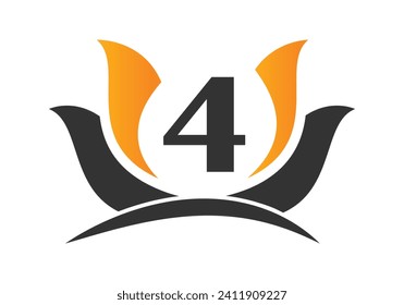 Letter 4 Logo with Lotus Flower Design Symbol Vector Template.
