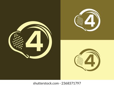 Letter 4 With Padel Racket Logo Design Vector Template. Beach Table Tennis Club Symbol. business, and company identity