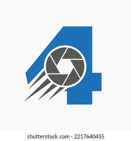Letra 4 Concepto de lente de cámara con logotipo fotográfico. Plantilla de vector de símbolo de cámara fotográfica