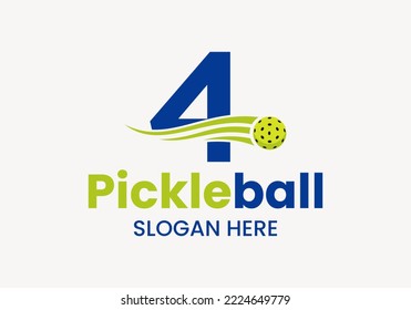 Letra 4 Concepto De Logo De Pickleball Con Símbolo De Pickleball En Movimiento. Plantilla de vectores de Logotipo de Bolas de Pickle