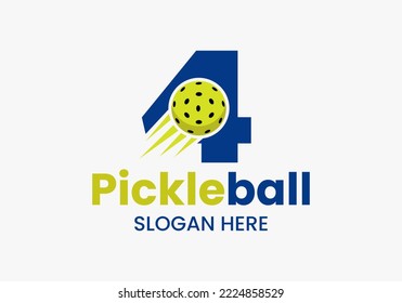 Letter 4 Pickleball Logo Concept With Moving Pickleball Symbol. Pickle Ball Logotype Vector Template