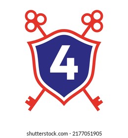 Letter 4 Real Estate Logo Design Concept with Crossed Key Sign. Key Real Estate Logotype on Shield Symbol