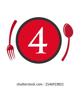 Letter 4 Restaurant Logo. Restaurant Logotype On Letter 4 Spoon And Fork Concept Vector