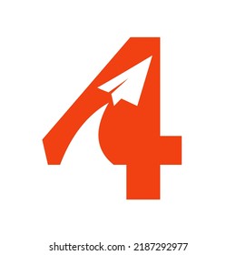 Letter 4 Travel Logo Combine With Flying Airplane Vector Template. Tourist Logo Element
