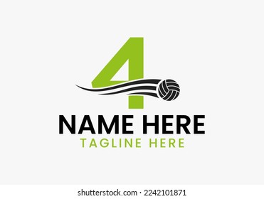 Letter 4 Volleyball Logo Concept With Moving Volley Ball Icon. Volleyball Sports Logotype