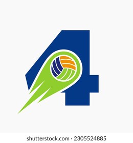 Letter 4 Volleyball Logo Concept With Moving Volley Ball Icon. Volleyball Sports Logotype Template