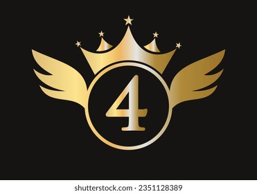 Letter 4 Wing Logo Concept With Crown Icon Vector Template. Wing Symbol