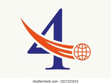 Letter 4 World Logo Concept With Moving Global Icon Vector Template