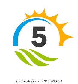 Letter 5 Agriculture Logo Vector Template. Agriculture Logo Concept with Green Field and Bright Sun Element