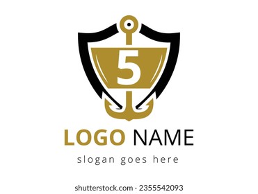 letter 5 with Anchor Logo Design Template. Marine, Sailing Boat Logo