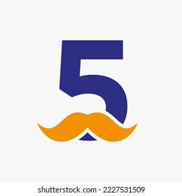Letter 5 Barbershop Logo Design. Hairstylist Logotype For Mustache Style and Fashion Symbol