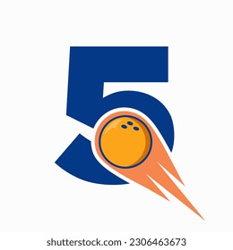 Logo de la carta 5 Bowling. Símbolo de boliche con icono rojo de bola en movimiento