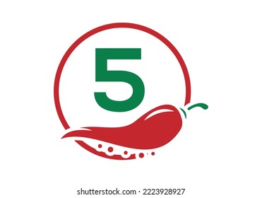 Letter 5 with Chili logo design. Chili logo with Letter concept vector icon logo design template.