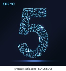 The letter 5 consists of points, lines and triangles. Vector illustration