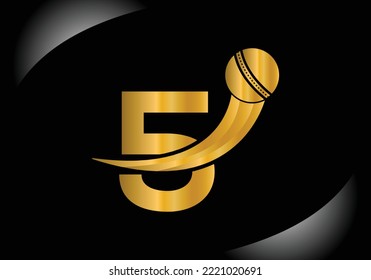 Carta 5 Concepto De Logo De Cricket Con Icono De Pelota De Cricket. Diseño de plantilla vectorial de tipo de logotipo para deportes de cricket.