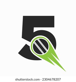 Letter 5 Cricket Logo Concept With Moving Ball Icon For Cricket Club Symbol. Cricketer Sign