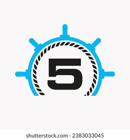 Letter 5 Cruise Steering Logo. Yacht Symbol, Ship Logotype, Marine Sign Template