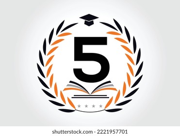 Letter 5 With Education Logo Book Concept. Training Career Sign, University, Academy Graduation Logo Template Vector Design.
