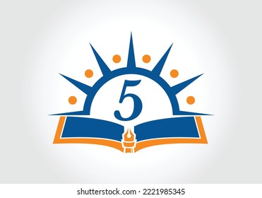 Letter 5 With Education Logo Book Concept. Training Career Sign, University, Academy Graduation Logo Template Vector Design.