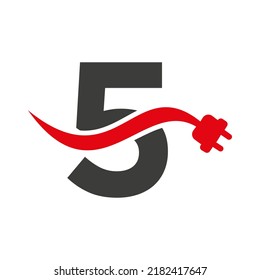 Letter 5 Electricity or Electrical Logo Concept with Electric Plug Vector Template