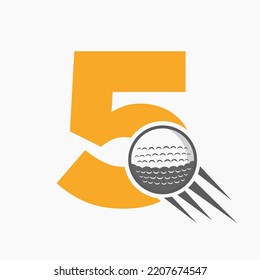 Letter 5 Golf Logo Concept With Moving Golf Ball Icon. Hockey Sports Logotype Symbol Vector Template