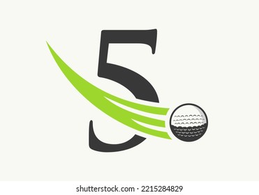 Letter 5 Golf Logo Design Template. Hockey Sport Academy Sign, Club Symbol